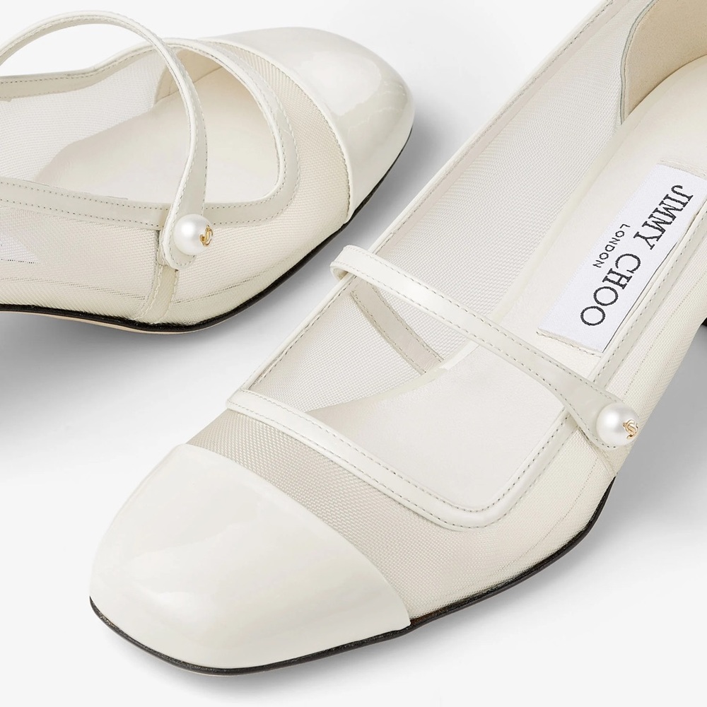 Jimmy Choo White Mary Jane Flats with Pearl Accent